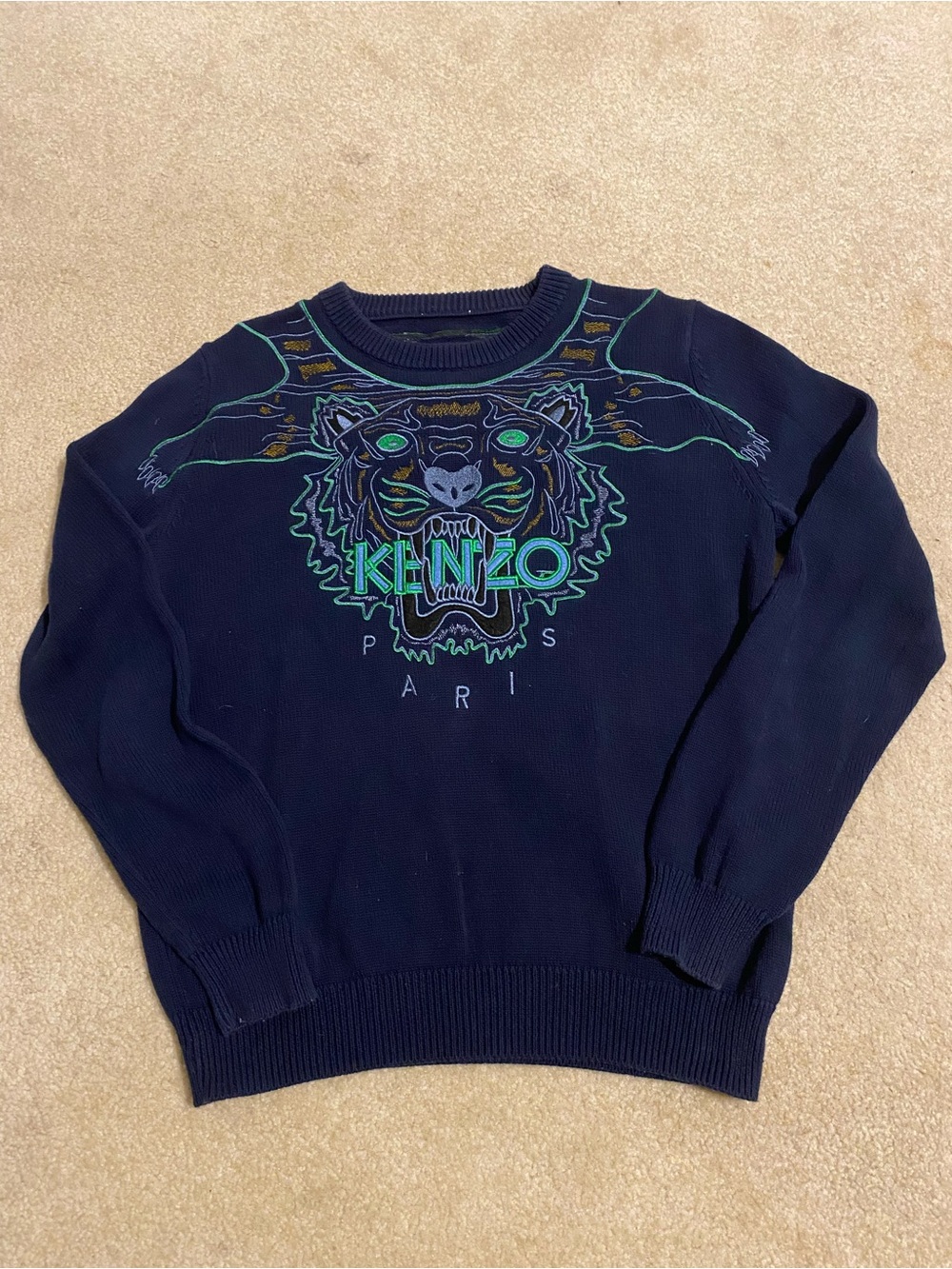 Kenzo Navy Crewneck Sweater with Multicolor Tiger Embroidery